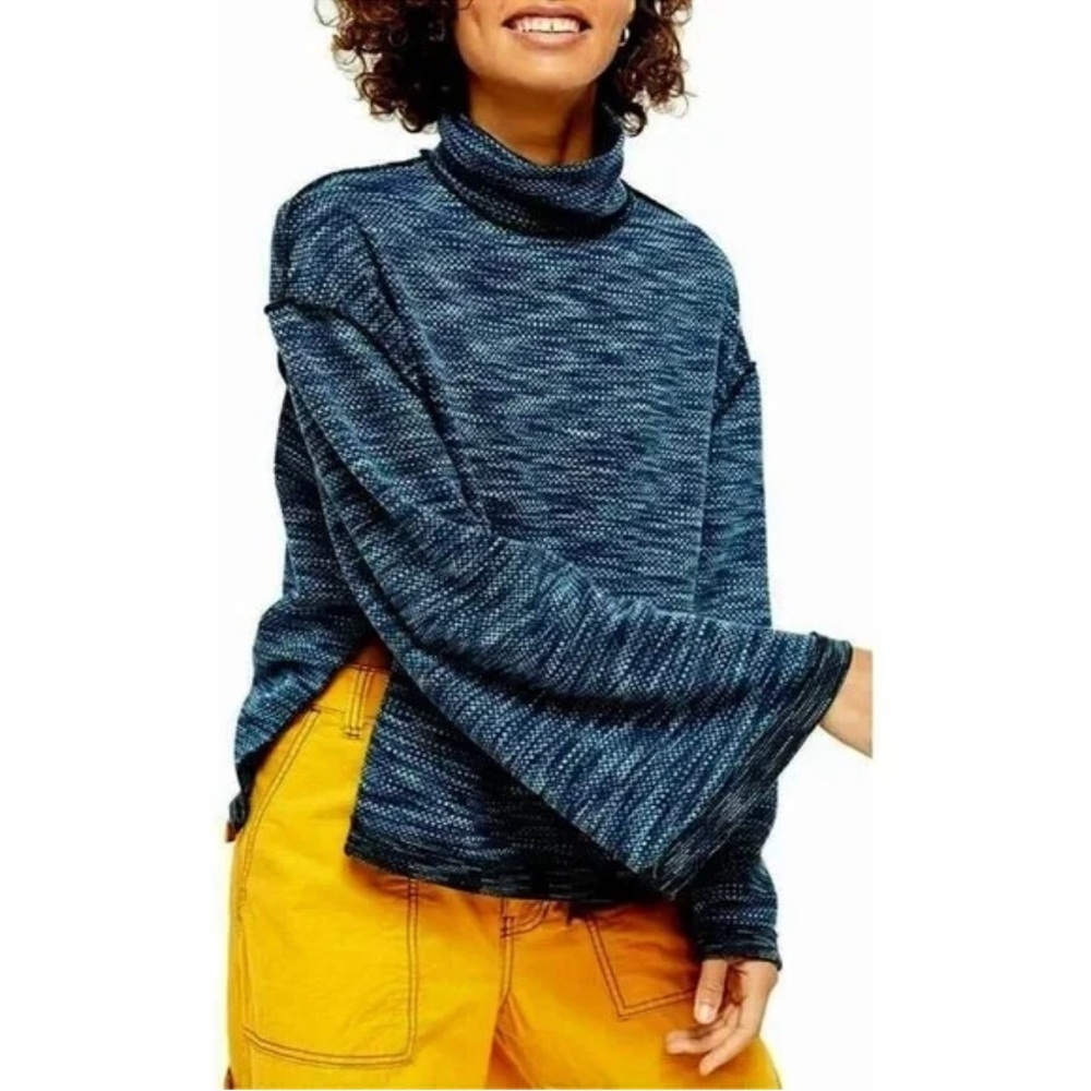 We The Free People Sunny Days Textured Turtleneck Sweater Top In Blue Size L